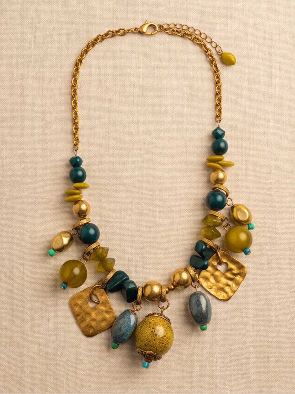 Bohemian Gold-Tone Multi-Bead Charm Necklace Green Blue Gold
